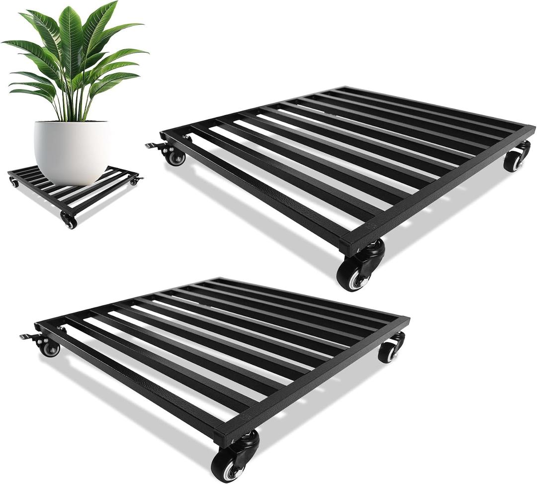 Plant Caddy with Wheels 20'' 2 Pack Metal Rolling Plant Stand Plant Dolly with Lockable Casters Aluminium Heavy Duty Pot Mover Rollers Indoor Outdoor Planter Trolley Holds up 450 Lbs Planter Black