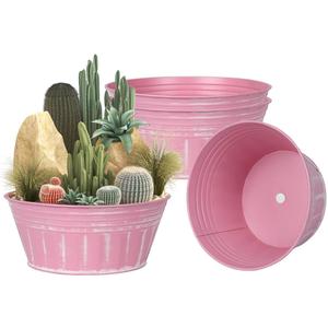 vensovo 10 Inches Pink Metal Rustic Plant Pots - 4 Pcs Large Shallow Galvanized Planters with Drain Hole and Rubber Plug, Rustproof Tin Bucket Succulent Pot Indoor Farmhouse Vintage Style for Decor