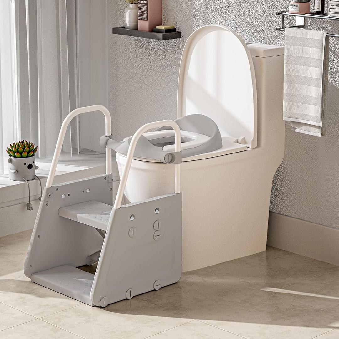 3 in 1 Potty Training Toilet Seat & Toddler Step Stool with Potty Train Chair Adapter and Extra Wide Non-Slip Ladder Potty Seats with Raised Guardrail and Splash Protection Design for Kids 1-3 Years