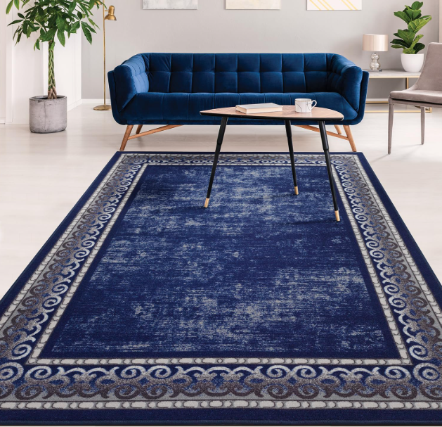 Antep Rugs Alfombras Bordered Modern 5x7 Non-Slip (Non-Skid) Low Pile Rubber Backing Indoor Area Rug (Navy, 5' x 7')