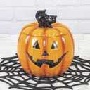 One Holiday Way 7-Inch Orange Ceramic Jack-o-Lantern Halloween Cookie Jar or Candy Dish Bowl with Black Cat Lid - Pumpkin Tabletop Fall Kitchen Storage