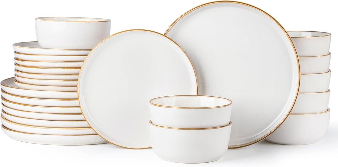 GBHOME Ceramic Dinnerware Sets for 8, 24 Pieces Stoneware Plates and Bowls Sets, Scratch Resistant Dishes, Dishwasher & Microwave Safe, Reactive Glaze-Pearl White