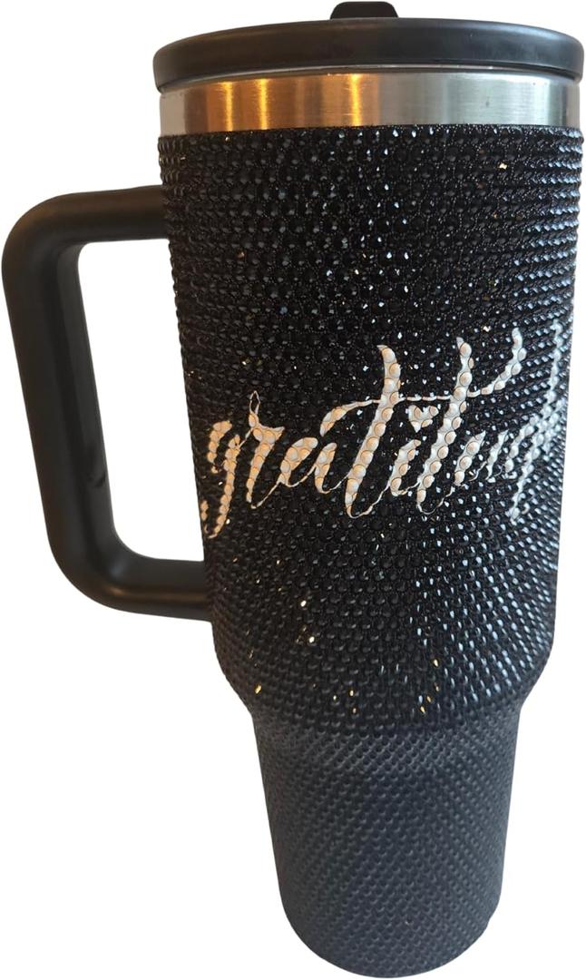 40 Oz Bling Rhinestone Gratitude Tumbler with Straw and Handle  Leak-Proof Double Wall Stainless Steel Cup  Vacuum Insulated, Reusable for Hot & Cold Drinks, Stylish Gift For Women Or Back-To-School
