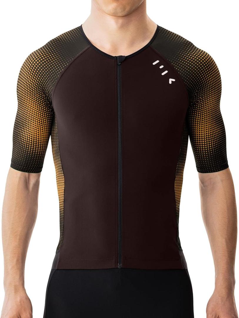 MY KILOMETRE Men's Triathlon Top Full Zip Short Sleeve Tri Shirt, Quick-Dry, UPF 50+ Protection with Reflective Back Pockets (Medium, Brown)