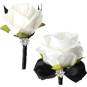 Wrist Corsage Rose Corsage and Boutonniere Set for Bride Groom Wedding Prom Party Hand Flower Decoration Set of 2 (Black & White)