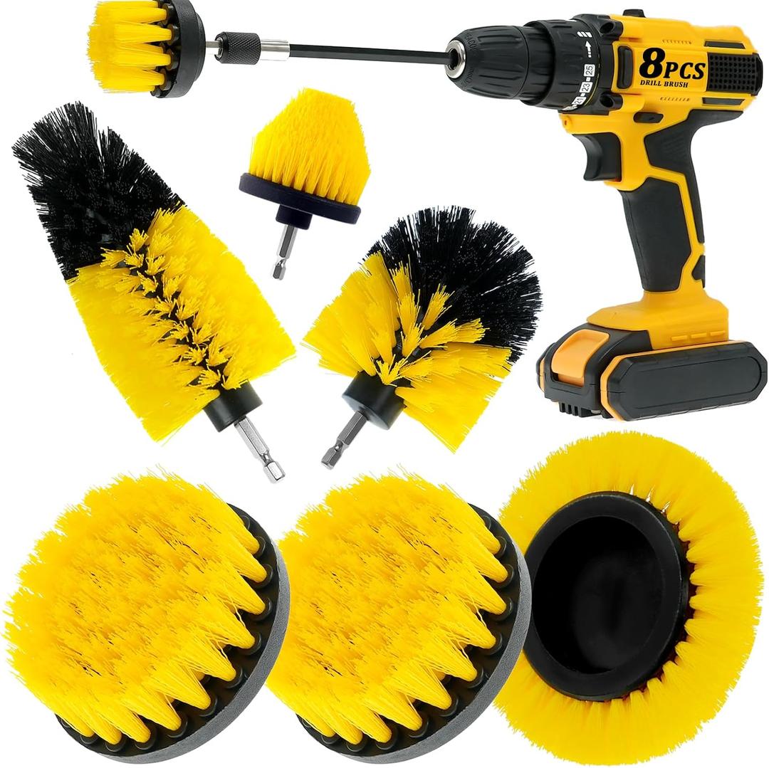 8 Pcs Drill Brush Attachment Set, Power Cleaning Scrub Brush Kit with Extend Long Attachment, All Purpose Drill Scrub Brushes for Car, Grout, Floor, Tub, Bathroom and Kitchen (Yellow)