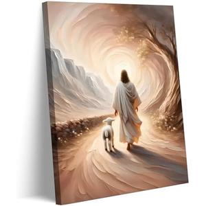 Jesus Leaves The 99 Sheep Canvas Wall Art Jesus And Lamb Picture Wall Decor Christ The Good Shepherd Lost Lamb In Poster Print Painting for Living Room Bedroom Church Home Decoration Prepare To Hang