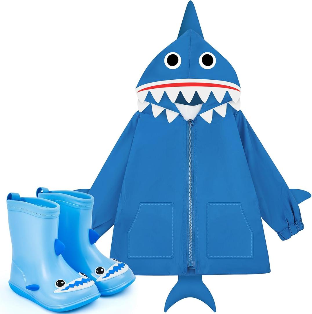 Twistover 2 Pcs Toddler Raincoat Rain Boots Set Kids Baby Cartoon Hoodie Zipper Jacket Short Rain Shoes for Little Boys Girls (3T, Blue Shark)