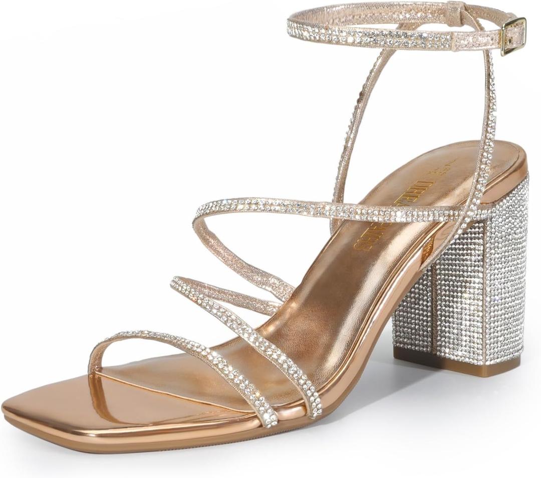 DREAM PAIRS Women's Heels Chunky Block Strappy Square Open Toe Ankle Buckle Heeled Sandals Wedding Party Dress Shoes Indie (7, Rose Gold-rhinestone)