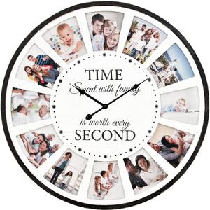 12 Photo Collage Family Wood Wall Clock, Rustic Farmhouse Wall Clock, Large Oversized Wall Clocks for Home, Kitchen, Living Room, Silent Battery Powered 24 Inch White