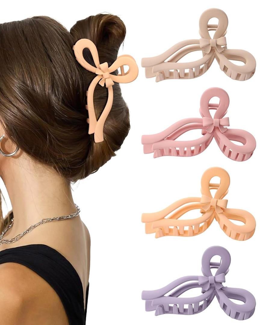 4 PCS Bow Hair Clips for Women Bow Claw Clip 5" Large Hair Claw Clips for Thick and Long Hair Cute Bows Jaw Clip (5" - Purple + Pink + Orange + Light Brown, 5" Extra Large) (1 Count (Pack of 4))