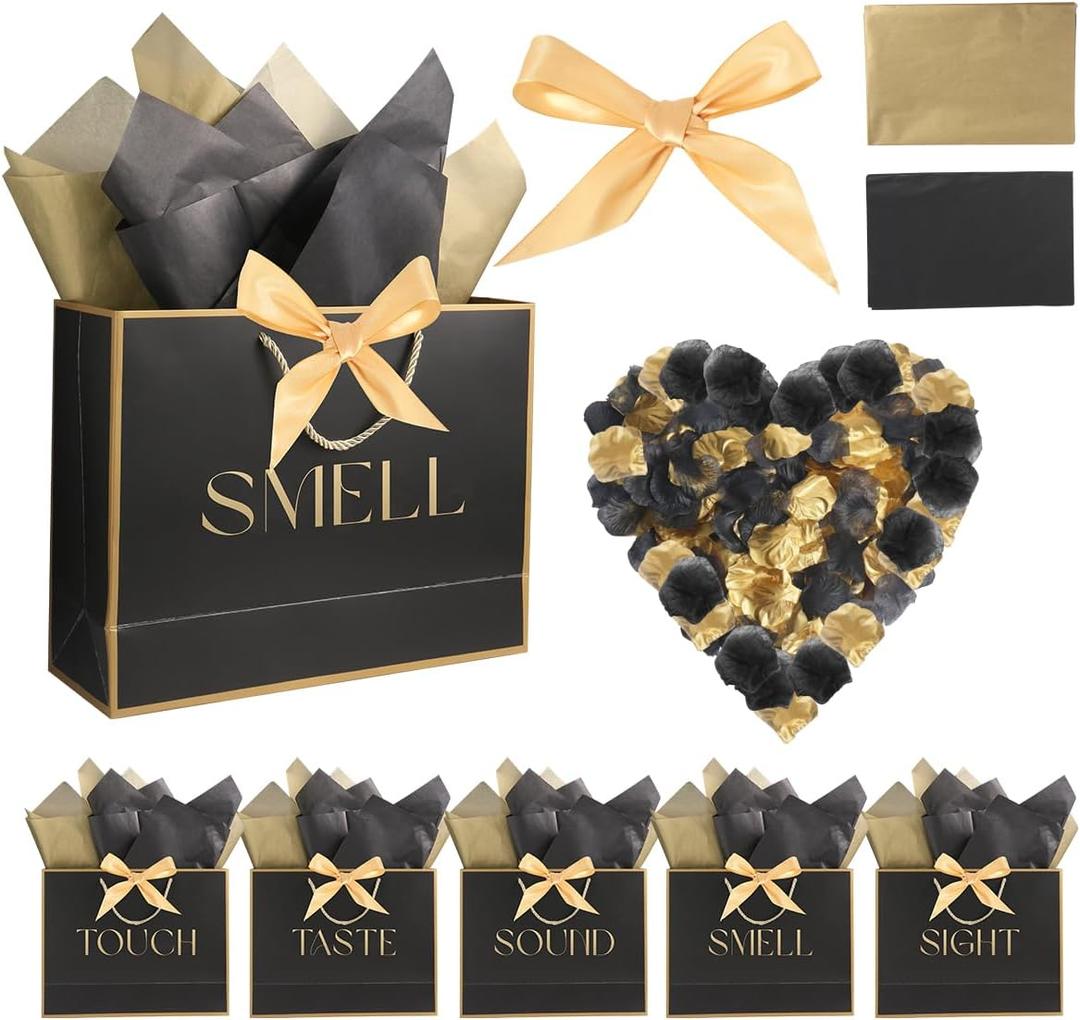 BHHQHH 5 Senses Gift Bags for Him Her Five Senses Gift Bags with Ribbon Handles Tissue Paper Petals Black Gift Bag for Birthday Anniversary,Wedding,Valentine's Day
