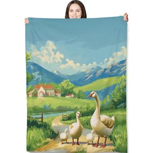 Pastoral Geese and Landscape Blanket Gifts for Women Countryside Serenity Flannel Throw Blankets for Bedding Couch Soft Lightweight Warm Cozy Throws Decor 50x60in