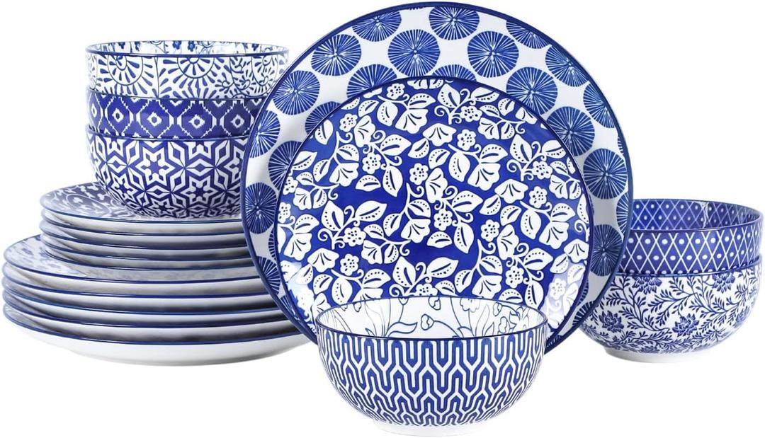 Selamica Ceramic Dinnerware Sets for 6, 18 Pieces Plates and Bowls Set, Scratch Resistant Dishes Set, Dishwasher&Microwave Safe, Vintage Blue