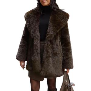 Wyeysyt Womens Faux Fur Coat Long Fluffy Shaggy Jacket Lapel Winter Furry Coats Fuzzy Outerwear (Large, Brown)
