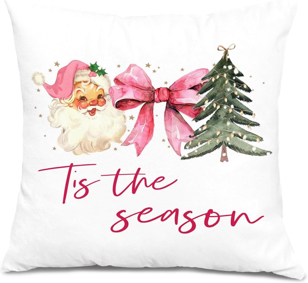 Pink Christmas Pillow Covers 18x18, Girly Christmas Decor, Coquette Glitter Pink Bow Xmas Tree Santa Decorative Throw Pillow Covers for Girls Bedroom Living Room Home (Color 01)
