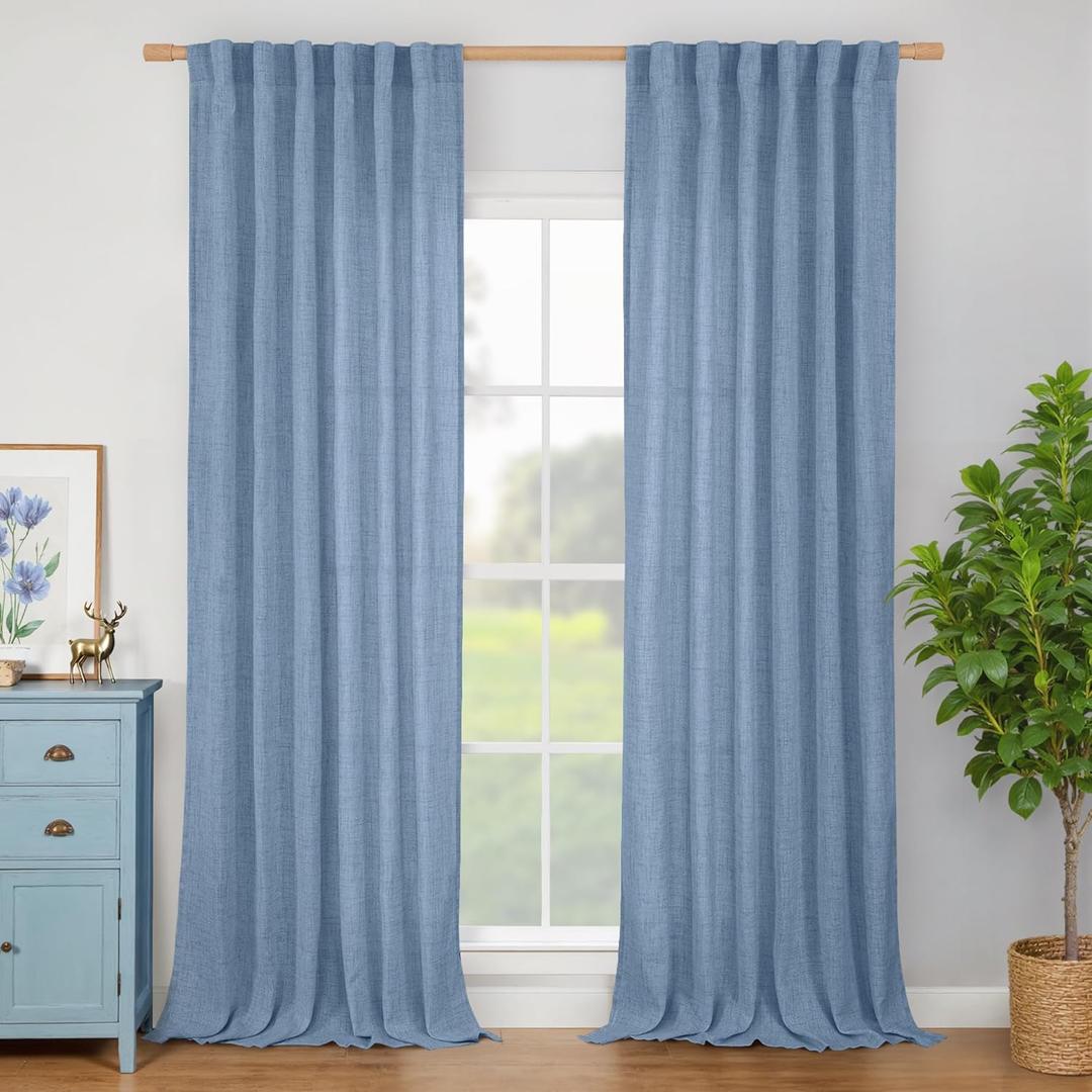BGment Denim Blue Linen Curtains 90 Inches Long for Living Room, Light Filtering Sheer Drapes for Bedroom Dining Privacy Rod Pocket and Back Tab Rustic Window Drapes, 2 Panels Set, Each 52 Inch Wide