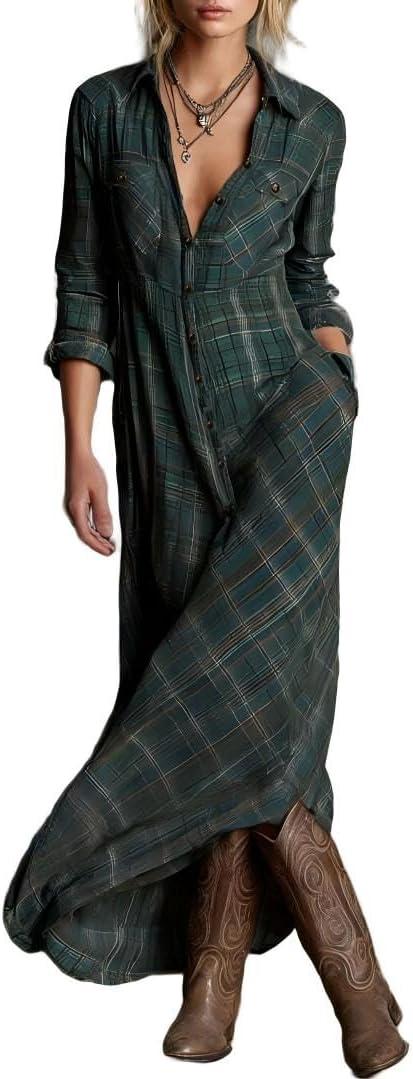 Womens Plaid Maxi Dress Lapel Long Sleeve Button Down Shirt Dress Vintage Western Flowy Dresses with Pockets, Green, X-Large