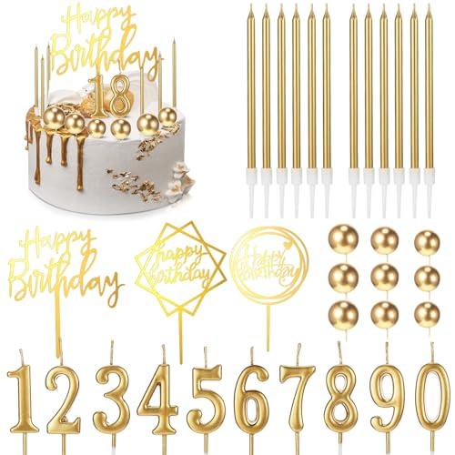 Yerliker 34 Pcs Birthday Candles Cake Toppers for Men Women with 12 Long Thin Birthday Cake Candle 10 Numeral Birthday Candle 9 Ball Cake Topper 3 Birthday Cake Topper(Gold)