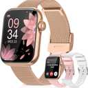 Smart Watches for Women, Fitness Tracker Watch for Android iPhone, Sleep/Heart Rate/SpO2/Blood Pressure Monitor, 1.85'' Smartwatch for Calls/SMS/Notifications, 100+ Sports Modes, 300+ Dials, 3 Bands (Gold)