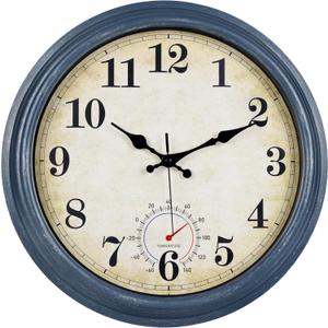 Large Outdoor Clocks Waterproof with Thermometer Combo Rustic Coastal Wall Clock Decor for Bathroom Patio Pool (16 Inch,Blue)