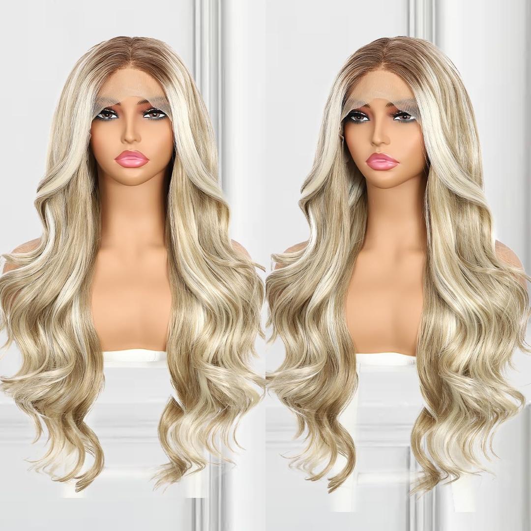 Highlight Blonde Lace Front Wig for Women 13x4 Body Wave Synthetic Wigs Balayage Pre-plucked Long Wavy Wig 150% Density Heat Resistant Hair Replacement Wigs 26 Inch