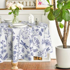 Horaldaily Spring Tablecloth 7070 Inch Round, Dragonfly Wildflowers Floral Herbs Washable Table Cover for Party Picnic Dinner Decor