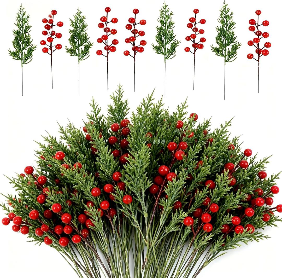 Artificial Christmas Pine Branches with Red Berry Stems-Set of 45 Greenery Stems and 15 Berry Picks for Xmas Wreaths, Garlands, Table Centerpieces, DIY Holiday Crafts, Fireplace & Home Decoration