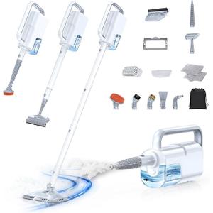 10-in-1 Steam Mop with Detachable Handheld Steamer,350ml Tank, 10s Heat-Up, 248°F Steam Cleaner, 2-Level Control and Swivel Head for Floor,Carpet,Tiles, BBQ grill,Car Accessories Clean White