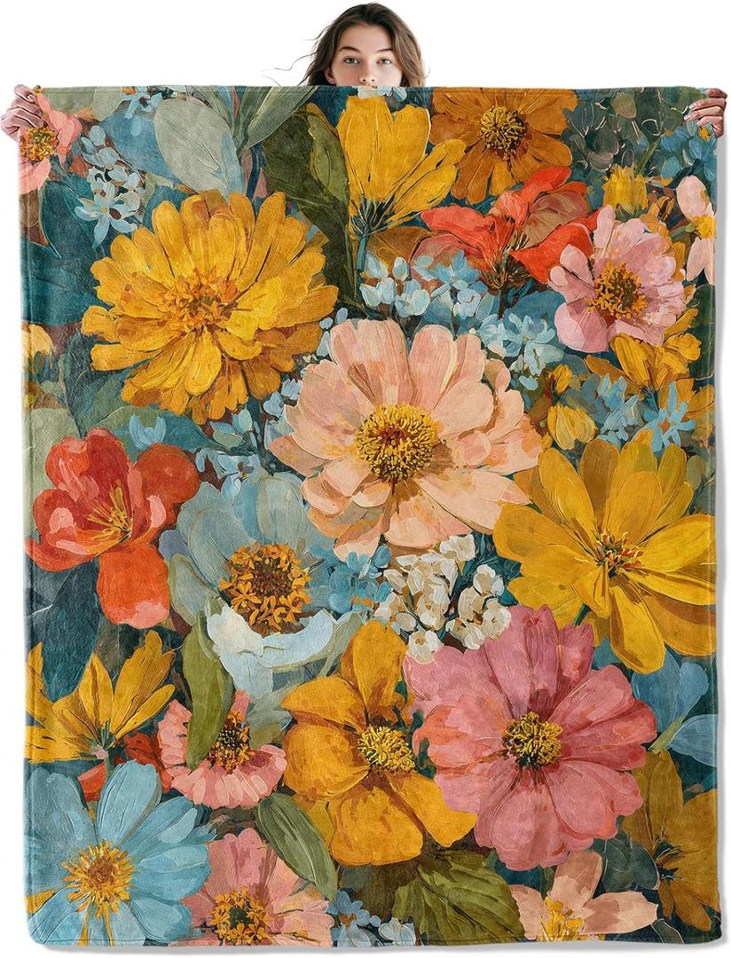Vibrant Wildflower Throw Blanket Soft Cozy Lightweight Flannel Blankets with Colorful Oil Painting Floral Printed for Women Bedroom Dorm Office Country Garden Decor Gifts 50x60 Inch