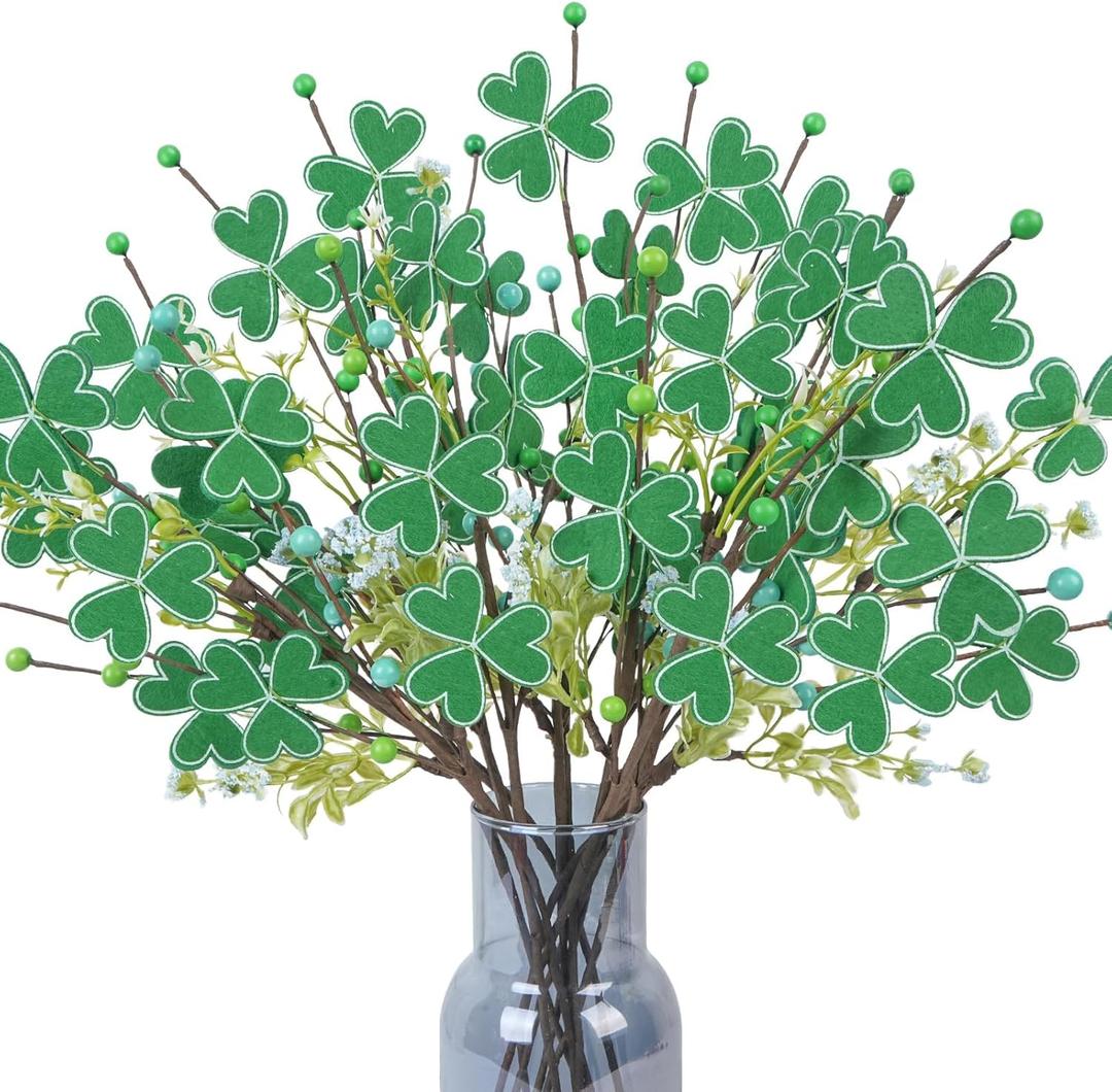 12Pcs Artificial St Patrick Day Flowers, Fake Shamrock Centerpiece Artificial St Patrick Picks with Fake Green Berry Stems for St Patrick's Day Decorations Home Party Table Centerpiece Irish Decor