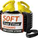 50 FT 30 Amp RV Extension Cord Outdoor with Grip Handle, Flexible Heavy Duty 10/3 Gauge STW RV Power Cord Waterproof with Cord Organizer, NEMA TT-30P to TT-30R, Black-Yellow, ETL Listed