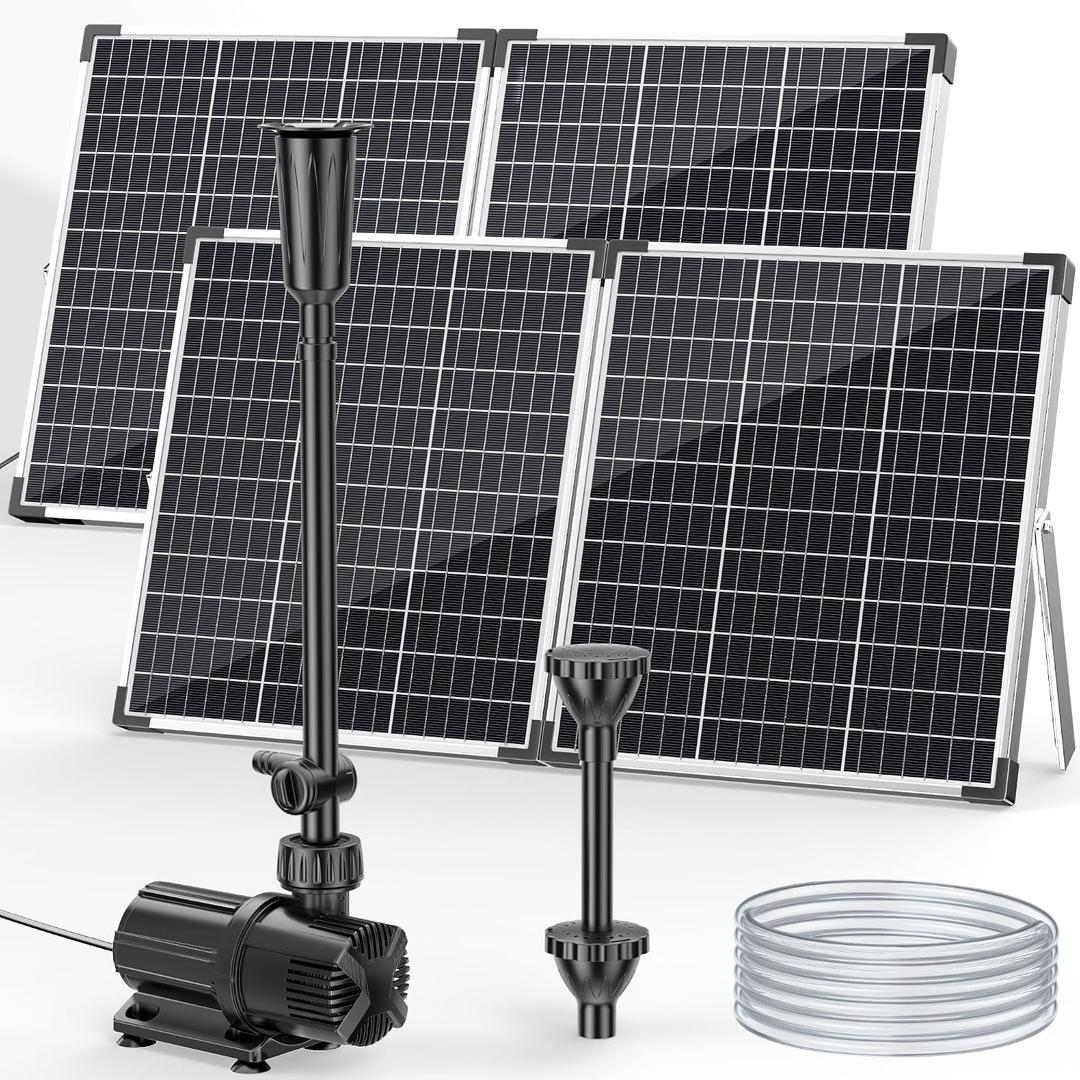 POPOSOAP 120W Solar Water Fountain Pump, 1600GPH Adjustable Flow & Dry-Run Protection Pond Pump, Dual Solar Panels, 3 Spray Nozzles, Solar Fountain Pump Kit for Outdoor Ponds, Water Garden P1200
