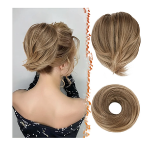 BARSDAR Brown Hair Bun Extensions - Synthetic Fully Short Straight Ponytail Hair Bun Extensions for Women - Elastic Messy Hair Bun Scrunchies Hairpieces Daily- Ash Brown Mixed