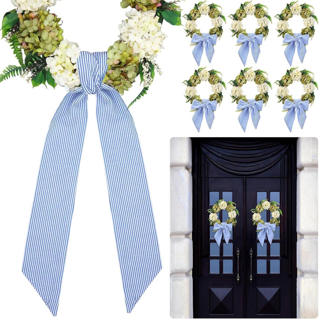 XunYee 6 Pcs Spring Blue Wreath Sash Bulk Patriotic Bow Wreath Sash Chinoiserie Summer Garland for Front Door Wedding Indoor Outdoor Kitchen Yard Party Decor 4.5" x 56"(Blue, Striped)