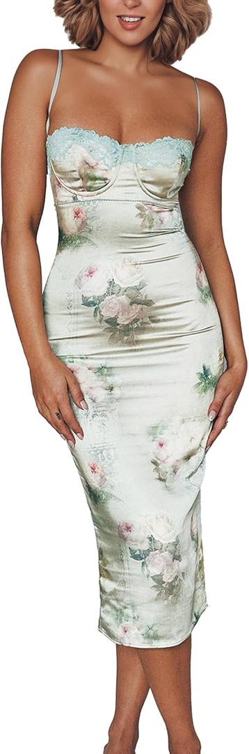 Women Sexy Backless Satin Maxi Dresses Spaghetti Strap Floral Print Dresses Slim Fit Elegant Night Party Outfits (M)
