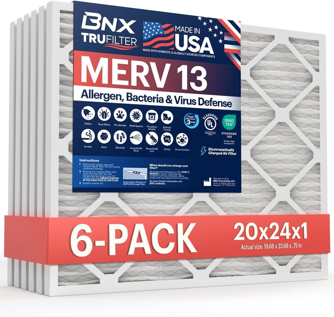 BNX TruFilter 20x24x1 Air Filter MERV 13 AC Filter, HVAC Furnace Filter, 6 Pack (ACTUAL SIZE 19.69"x24.69"x0.75") Allergies, Dust, Pet Dander & Smoke - MADE IN USA - MPR1500 / FPR 10