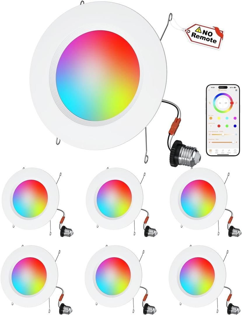 Neliwo LED Recessed Lighting 6 inch/ 5 inch, Smart RGB Bluetooth Can Lights, 13W 1050LM, Color Changing, Retrofit Led Recessed Light Compatible with Alexa for Bedroom Living Room Kitchen, 6Pack