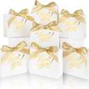 100 Pack Small Thank You Gift Bags, 4.5x1.8x3.9in Party Favor Bags Boxes with Bow Ribbon, Small Paper Gift Bags with Gold Foil Printed, Mini Candy Treat Bags for Birthday Wedding Party Holiday (White)