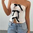 SOLY HUX Women's Y2k Bow Tube Top Strapless Sleeveless Slim Fit Bandeau Crop Tops (White, M)