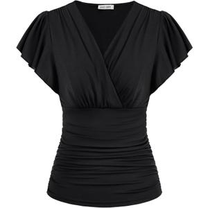 GRACE KARIN 2025 Womens Tops Summer Wrap Blouse V Neck Ruffle Sleeve Dressy Casual Top Ruched Trendy Clothes (Small, Black)