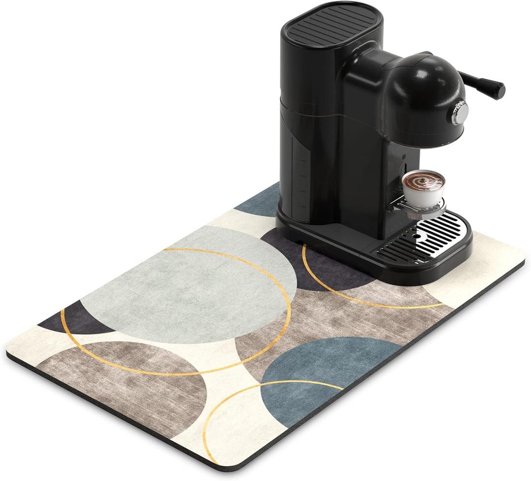 Rnivvi Coffee Mat, 12" x 19" Cute Boho Theme Coffee Bar Mats for Espresso Machine Station Accessories and Organizer, Hide Stain Rubber Backed Absorbent Dish Drying Pad for Kitchen Counter, Circle (Abstract Art Circle)
