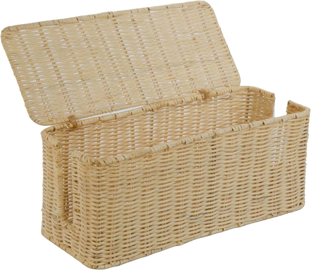 PEMAR Natural Rattan Wicker Cable Management Box, Cable Organizer, 2 Open Slots, Under Desk Cord Organizer, Cover & Hide Power Strips for TV Desk, Computer, Router, USB Hub (Bright Natural Color) (Coffee)