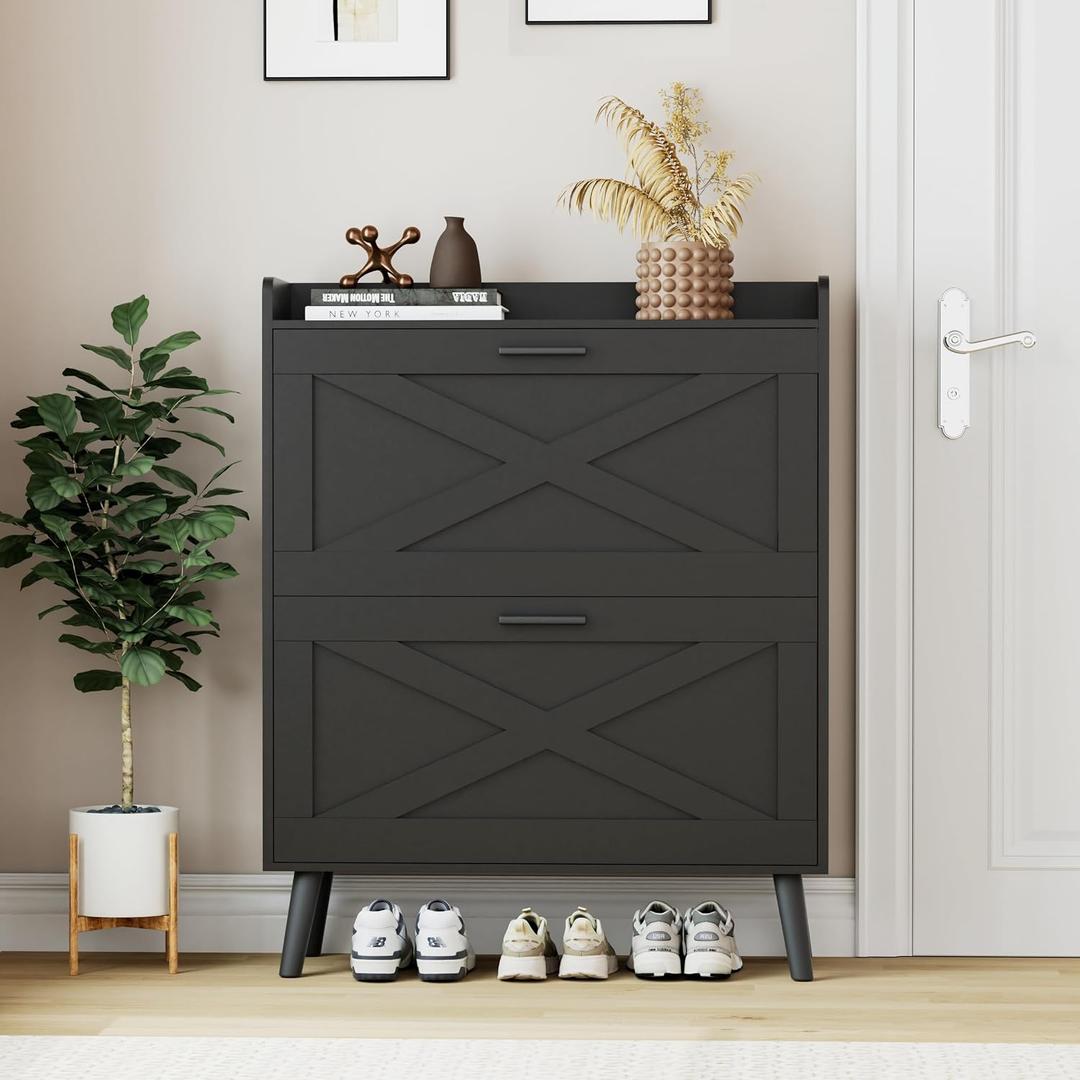 Homleke 32" W Farmhouse Shoe Storage Cabinet with 2 Flip Drawers and Barn Door Design, Adjustable Shelves, Modern Hidden Slim Narrow Shoe Rack Cabinet for Entryway, Foyer, Hallway, Living Room, Black