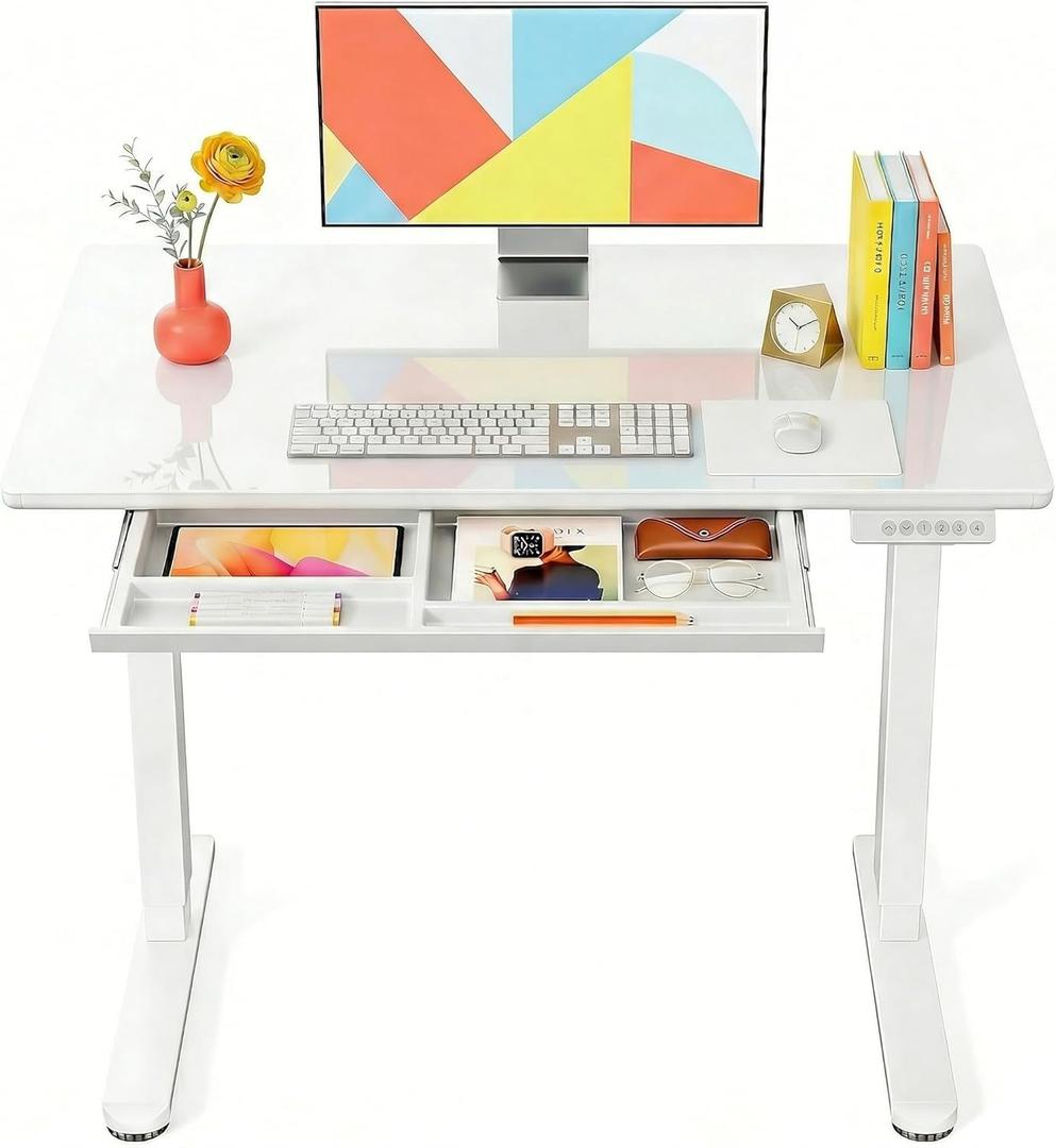 Marsail Glass Electric Standing Desk with Drawer, 40 x 24 Inches Height-Adjustable Desk, One-Piece Tempered Glass Top, Ergonomic Home Office Sit Stand Desk with 4 Preset Heights, White