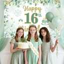Sage Green 16th Birthday Decorations Greenery Happy Birthday Backdrop Green Leaves Olive Neutral Tablecloth Sash Crown Glitter Cake Topper 16 Foil Balloon Kit for Girls 16th Bday Party Supplies