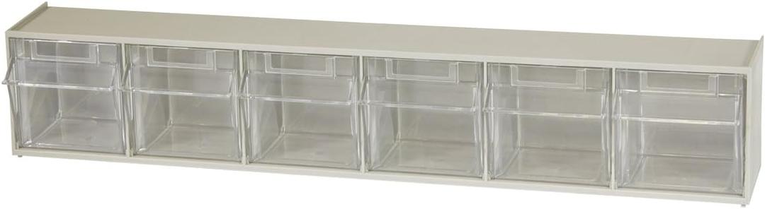 Akro-Mils TiltView Plastic Storage Cabinet with 6 Tilt Out Bins, Horizontal Plastic Parts Organizer, Teacher Toolbox, and Office Supply Organizer, 23-5/8" W x 3-1/2" H x 3-3/4" D, Stone