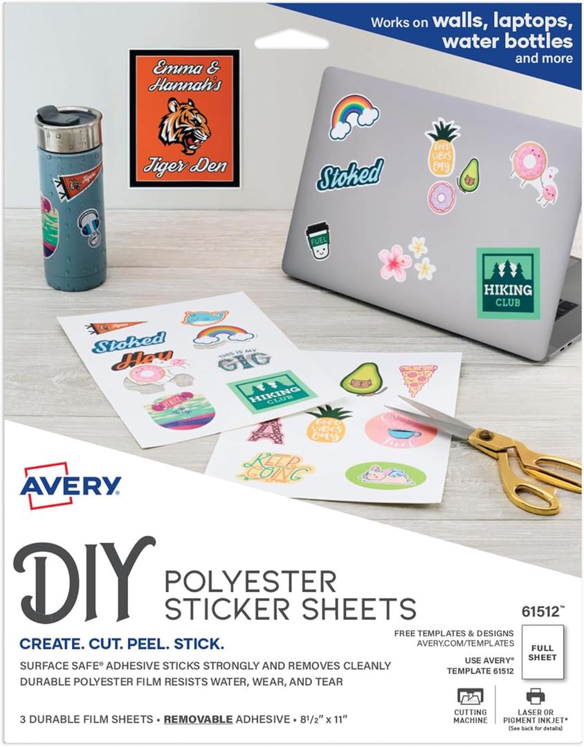 Avery Durable DIY Polyester Sticker Paper, 8.5" x 11", Removable Surface Safe Adhesive, Water-Resistant with Laser or Pigment-Inkjet Printers, 3 Full-Size Label Sheets (61512)