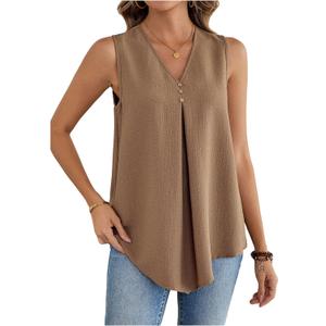 SOLY HUX Women's V Neck Pleated Tank Top Sleeveless Tunic Vest Shirts Casual Summer Blouse (Large, Coffee Brown)
