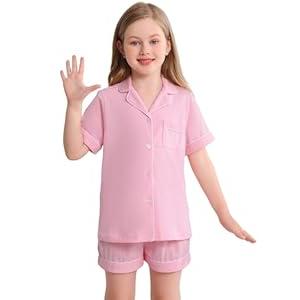 Veseacky Kids Pajamas Sets 100% Cotton ButtonDown Short Sleeve 2 Piece Pajamas Set Boys Girls Pjs (Pink, 120)